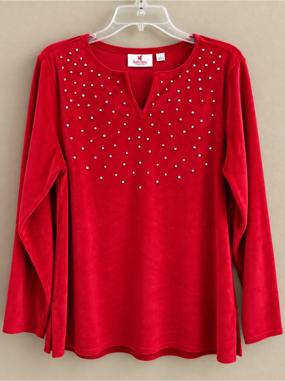 Quacker Factory Sparkle & Shine Velour Tunic L Pink Berry Rhinestone Split Neck